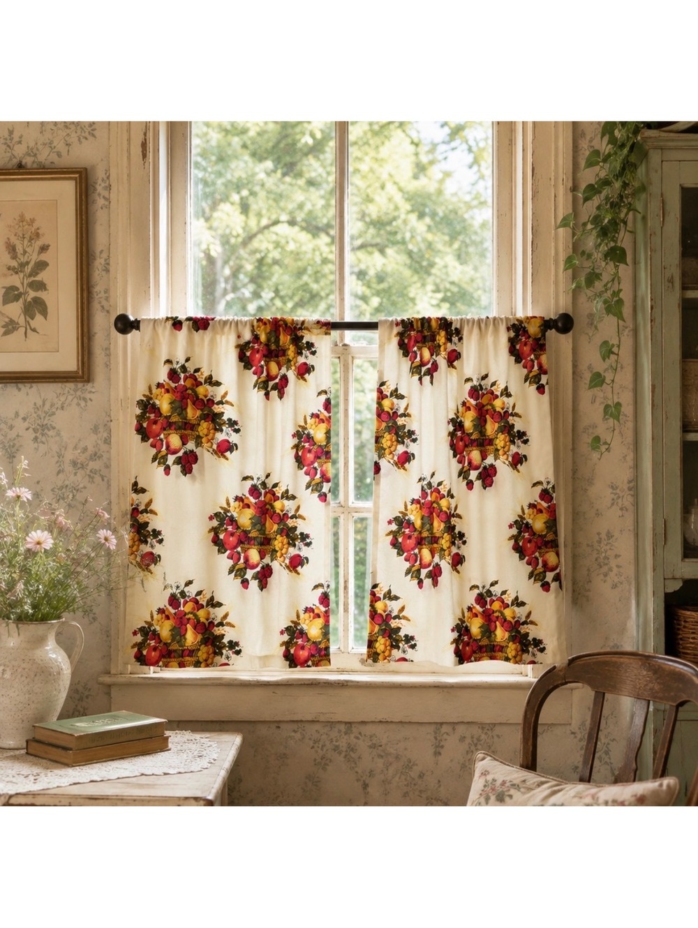 Vintage 1960’s Fruitty Basket Pattern Kitchen Curtains Set
